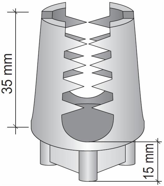 Schemat techniczny elementu dystansowego do zbrojenia, z wymiarami 35 mm wysokości i 15 mm podstawy, przedstawiony w szarej tonacji na białym tle.