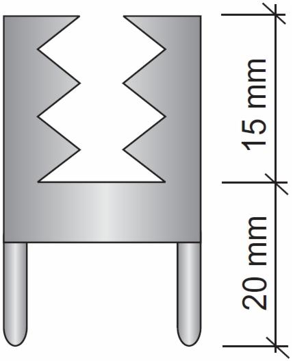 Schemat stalowego elementu zbrojeniowego z ząbkowanym wycięciem i wymiarami 15 mm i 20 mm.