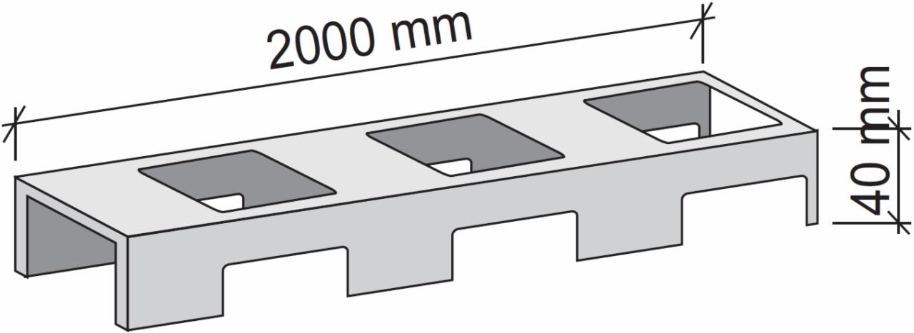 Schemat techniczny betonowego elementu prefabrykowanego z otworami, o wymiarach 2000 mm długości i 40 mm wysokości.