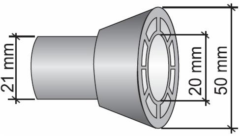 Schemat techniczny betonowego elementu prefabrykowanego o średnicy 21 mm i 50 mm, z wewnętrzną strukturą kratową.