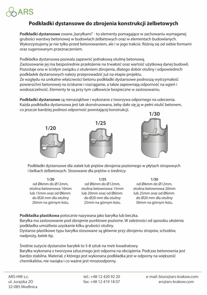 Dokument techniczny przedstawiający podkładki dystansowe do zbrojenia konstrukcji żelbetowych, z opisem ich zastosowania, parametrów i wariantów (1/20, 1/25, 1/30) oraz danymi kontaktowymi firmy.