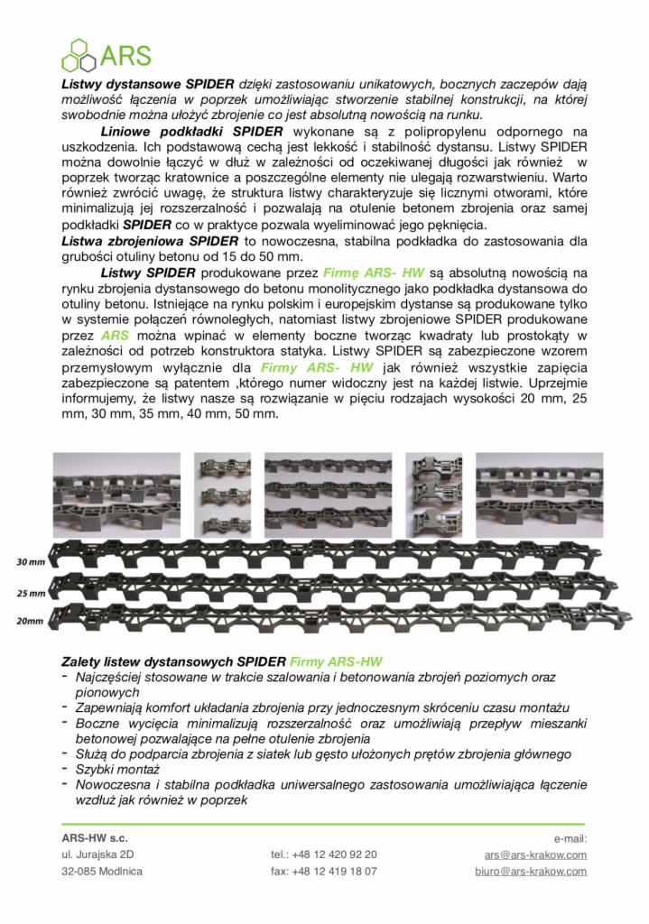 Zdjęcie przedstawia listwy dystansowe SPIDER firmy ARS-HW w różnych wysokościach (20mm, 25mm, 30mm). Listwy są wykonane z polipropylenu i przeznaczone do zbrojenia betonu, zapewniając dystans...