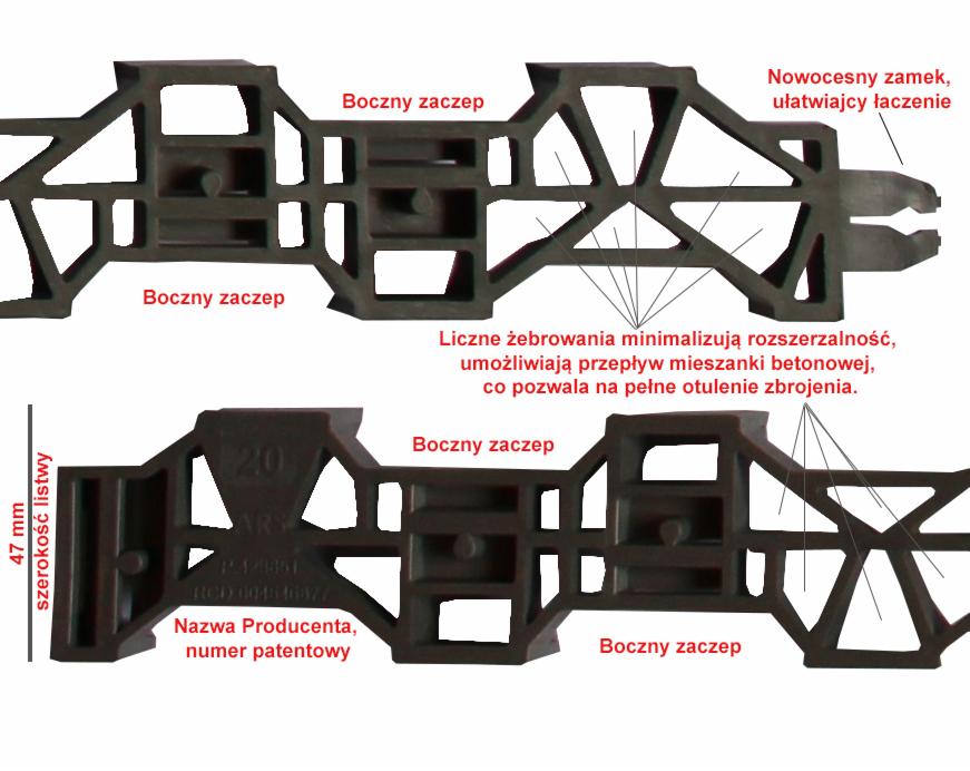 Element dystansowy z tworzywa sztucznego do zbrojenia betonu, widoczne boczne zaczepy, żebrowania minimalizujące rozszerzalność i nowoczesny zamek ułatwiający łączenie, z podaną szerokością listwy...
