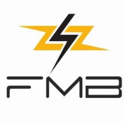 Logo firmy FMB z symbolem błyskawicy w kolorze żółto-czarnym na białym tle.