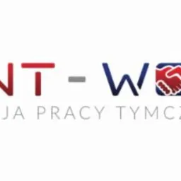 Logo firmy MNT-WORK Agencja Pracy Tymczasowej z elementem graficznym uścisku dłoni w kolorach czerwieni i granatu.