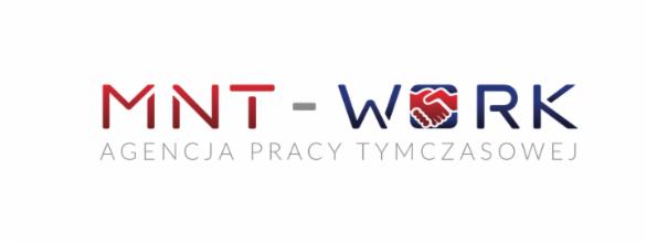 Logo firmy MNT-WORK Agencja Pracy Tymczasowej z elementem graficznym uścisku dłoni w kolorach czerwieni i granatu.