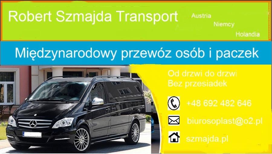 Czarny Mercedes Viano z napisem 'Robert Szmajda Transport' oferujący międzynarodowy przewóz osób i paczek do Austrii, Niemiec i Holandii, z kontaktem telefonicznym, mailowym i adresem strony...