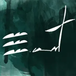 Abstrakcyjne logo na ciemnozielonym tle akwarelowym, przedstawiające trzy poziome kreski przypominające fale, połączone z stylizowanym krzyżem i linią imitującą podpis.