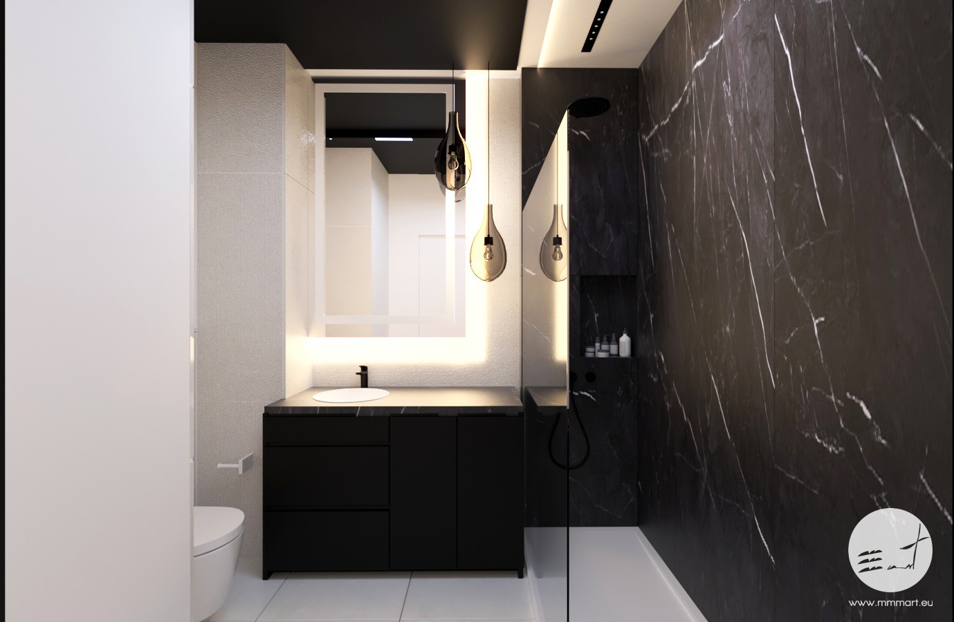 Nowoczesna łazienka z czarnymi marmurowymi ścianami, podświetlanym lustrem nad czarną szafką z umywalką i wiszącymi lampami w kształcie łez.