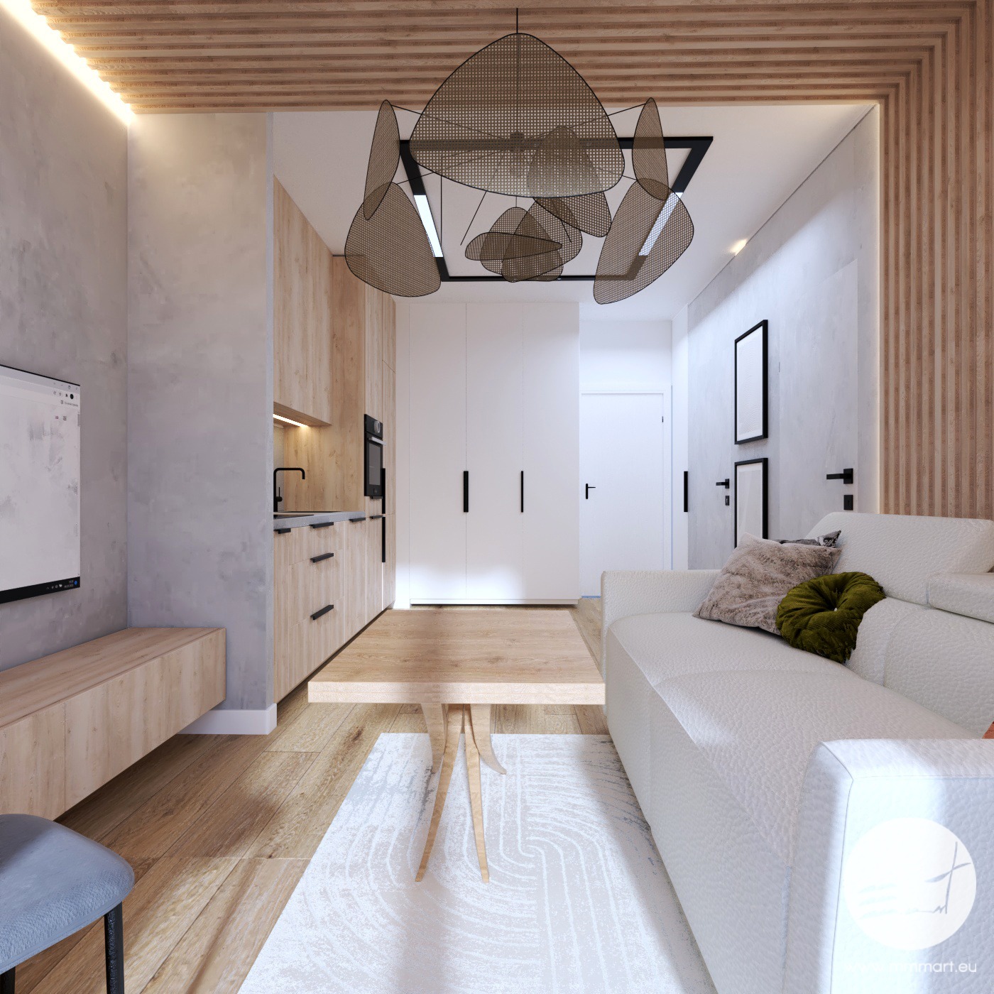 Nowoczesne wnętrze mieszkania z drewnianą podłogą, aneksem kuchennym z drewnianymi szafkami, białym narożnikiem z poduszkami i abstrakcyjną lampą wiszącą.