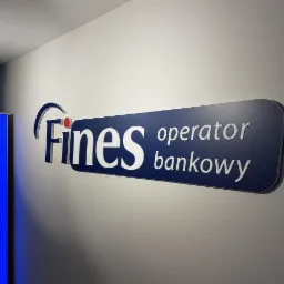 Logo 'Fines operator bankowy' na ścianie, z podświetlanym panelem informacyjnym po lewej stronie.
