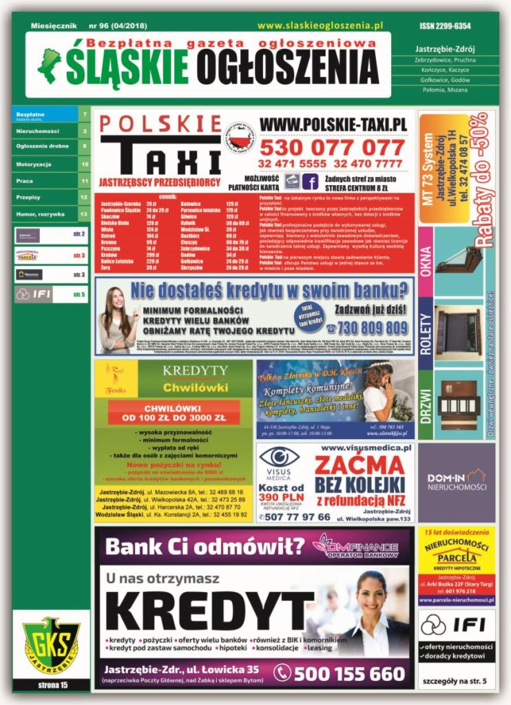Strona z lokalnej gazety ogłoszeniowej ze Śląska, zawierająca reklamy taksówek, usług finansowych (kredyty, pożyczki) oraz firm z branży nieruchomości i stolarki okiennej. Widoczne logo GKS...
