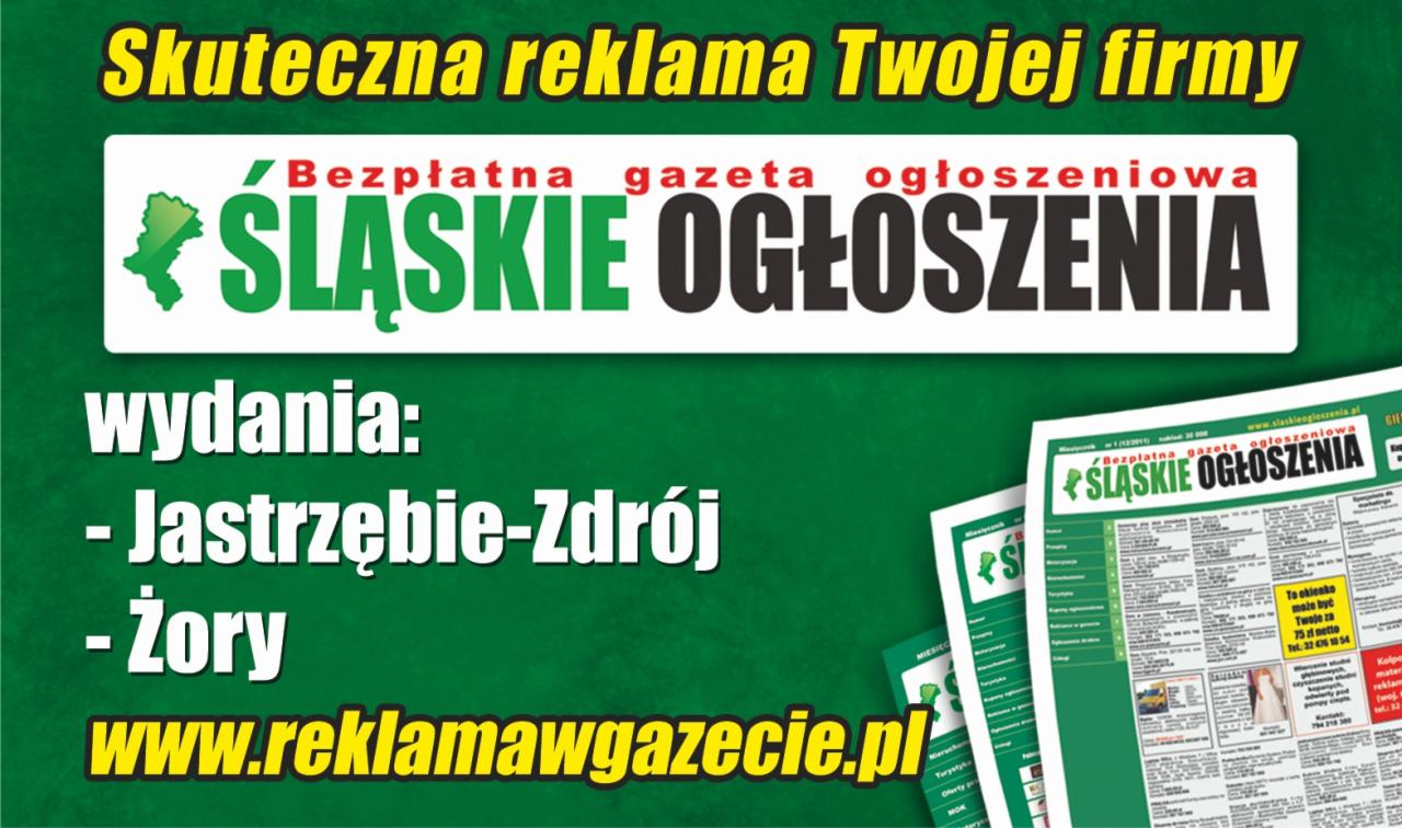 Grafika reklamowa gazety 'Śląskie Ogłoszenia' z informacją o wydaniach w Jastrzębiu-Zdroju i Żorach, oraz adresem strony internetowej, obok leżą egzemplarze gazety.