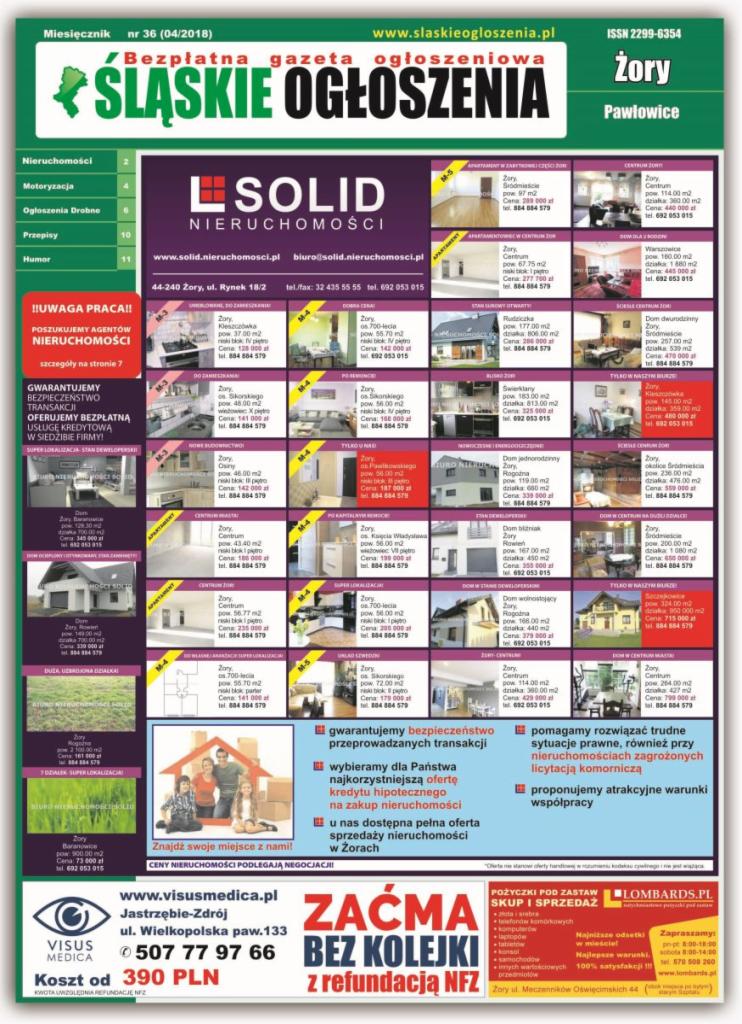 Bezpłatna gazeta ogłoszeniowa 'Śląskie Ogłoszenia' z reklamami nieruchomości w Żorach i Pawłowicach, prezentująca oferty sprzedaży domów i mieszkań z danymi kontaktowymi.