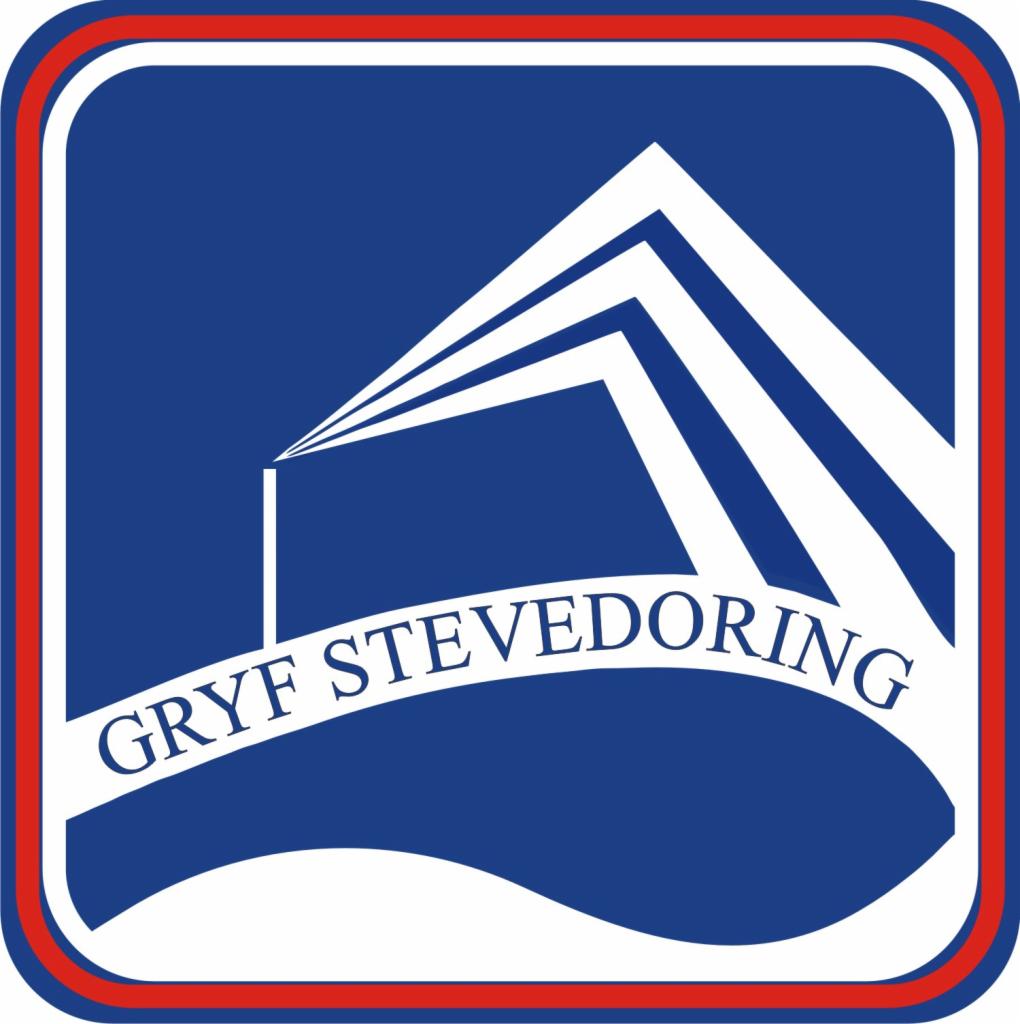 Logo firmy Gryf Stevedoring z uproszczonym symbolem magazynu lub hali w kolorach niebieskim, białym i czerwonym.