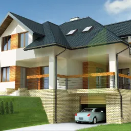 Wizualizacja dwukondygnacyjnego domu jednorodzinnego w Krakowie z garażem w przyziemiu, wykończonego białym tynkiem i drewnianymi panelami, z ciemną dachówką i balkonami.