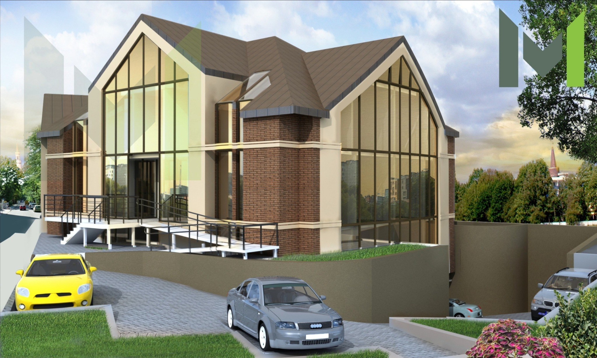 Wizualizacja budynku usługowego z dużymi przeszkleniami, ceglanymi elementami i podjazdem dla samochodów, otoczona zielenią.