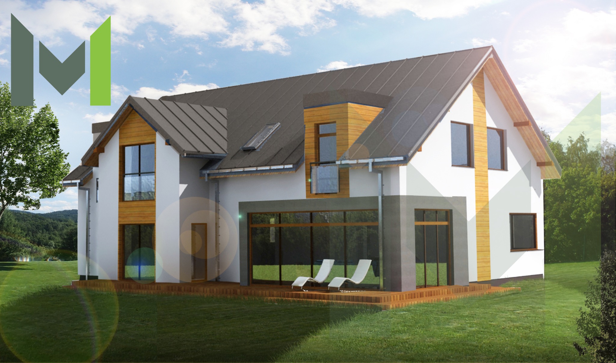 Wizualizacja nowoczesnego, dwukondygnacyjnego domu z dachem dwuspadowym, białymi ścianami, drewnianymi elementami elewacji, dużymi oknami i tarasem z dwoma białymi leżakami, na tle zielonego...