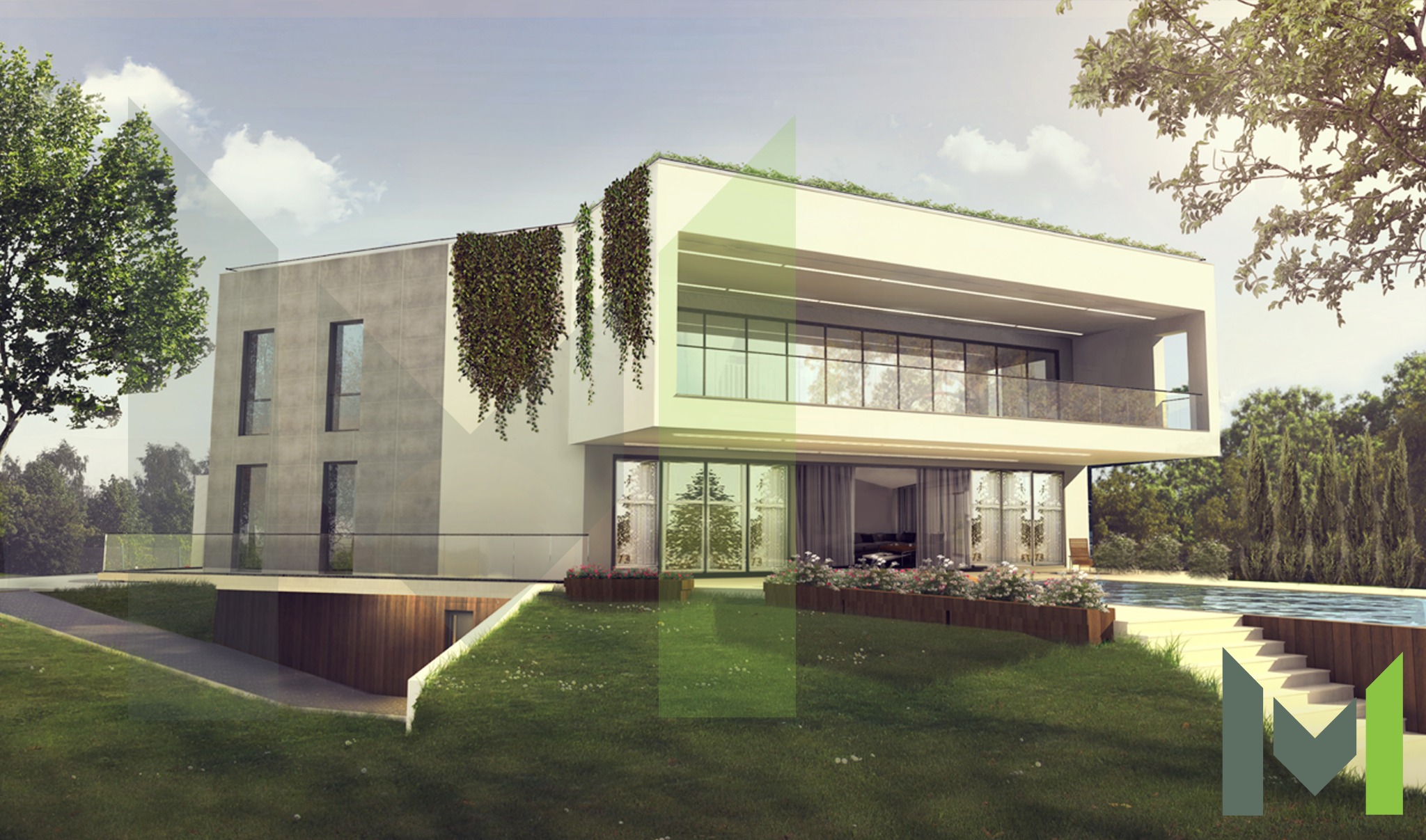 Wizualizacja nowoczesnego, dwupiętrowego domu z płaskim dachem, porośniętego zielenią, z dużymi przeszkleniami i basenem, otoczonego zielonym trawnikiem i drzewami.