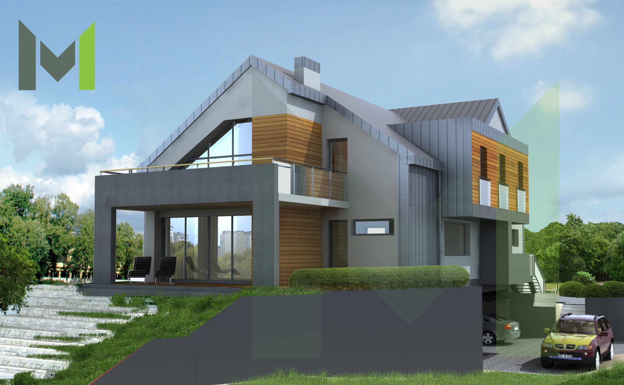 Wizualizacja nowoczesnego domu jednorodzinnego z garażem podziemnym, elewacja z elementami drewna i szarej blachy, taras z meblami ogrodowymi, zagospodarowany teren zielony z kaskadowymi rabatami.