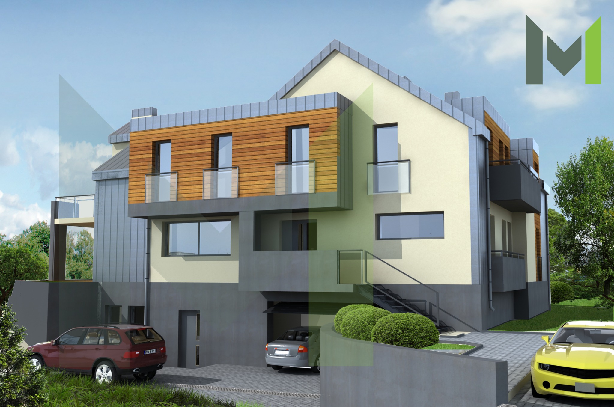 Wizualizacja nowoczesnego domu z drewnianą elewacją, balkonami z szklanymi balustradami, garażem i dwoma samochodami: czerwonym SUV-em i żółtym sportowym coupe.