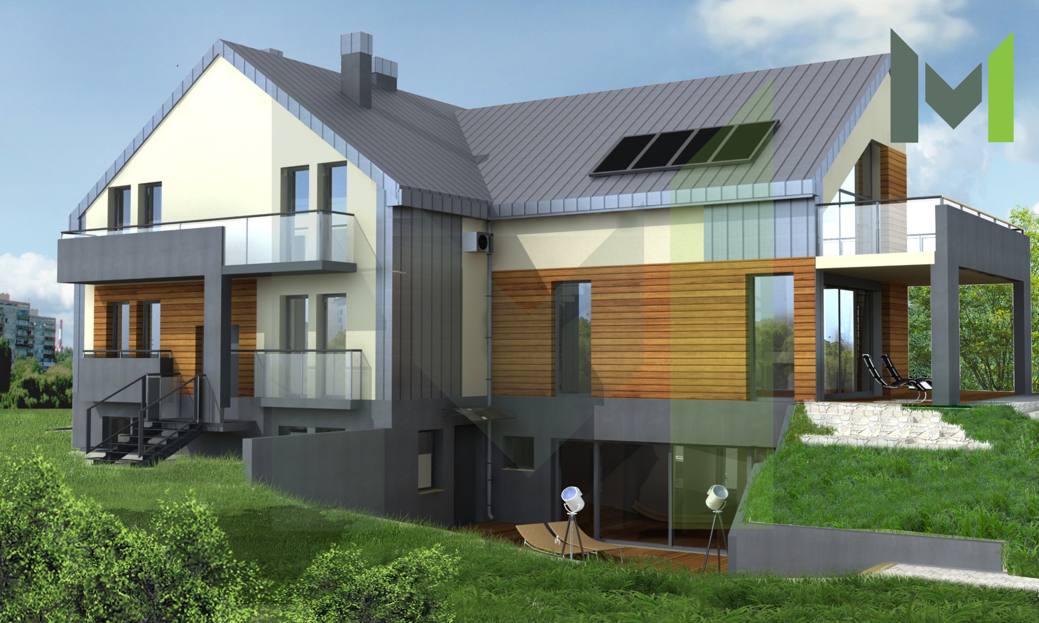 Wizualizacja dwukondygnacyjnego domu z płaskim dachem, panelami słonecznymi, balkonami z szklanymi balustradami i drewnianą elewacją, otoczonego zielenią.