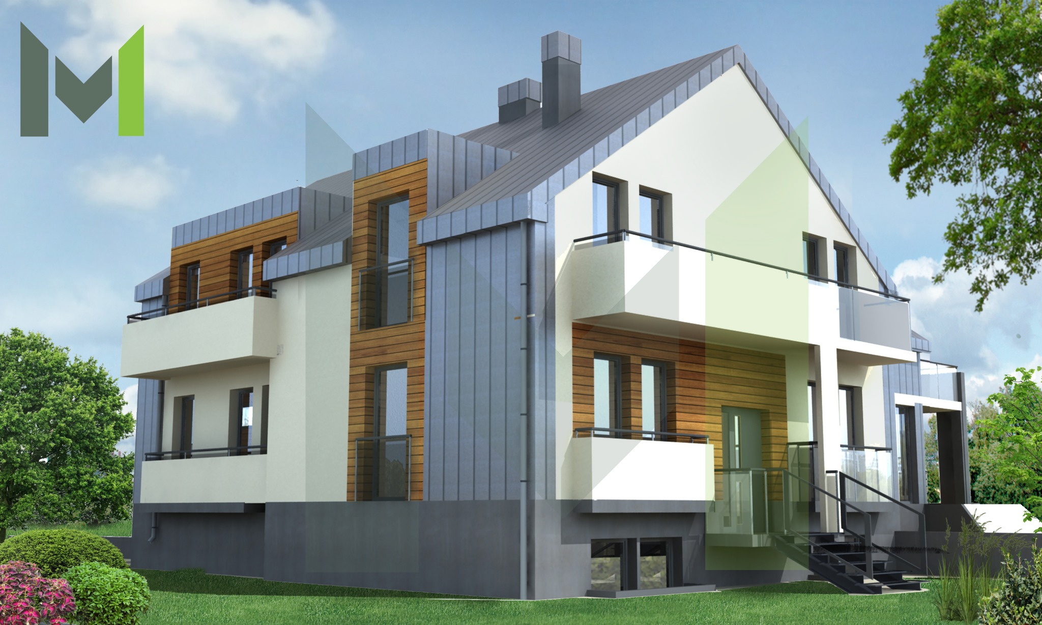 Wizualizacja nowoczesnego budynku wielorodzinnego z drewnianą elewacją, balkonami z szklanymi balustradami i szarą dachówką, otoczonego zielenią.