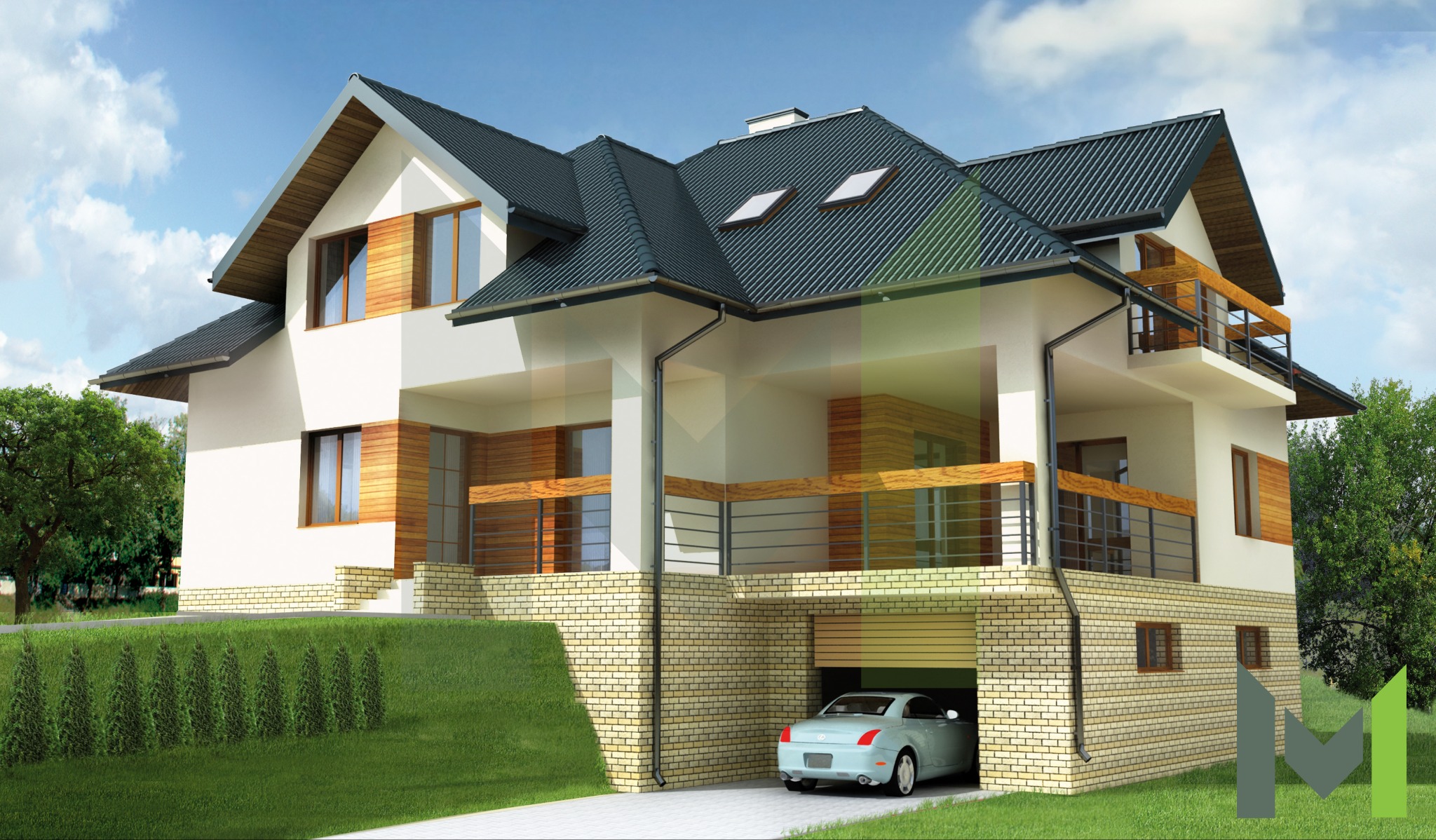 Wizualizacja dwukondygnacyjnego domu jednorodzinnego w Krakowie z garażem w przyziemiu, wykończonego białym tynkiem i drewnianymi panelami, z ciemną dachówką i balkonami.