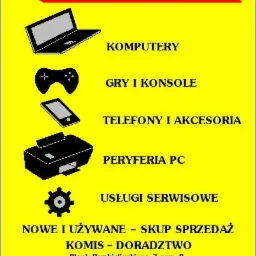 Żółty plakat reklamowy MK Electronics z czarnymi grafikami przedstawiającymi laptop, kontroler gier, smartfon, drukarkę i zębatkę, a także tekst informujący o komputerach, grach, telefonach...