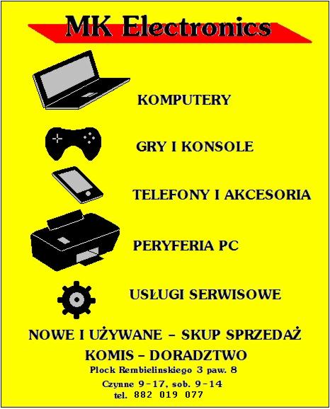 Żółty plakat reklamowy MK Electronics z czarnymi grafikami przedstawiającymi laptop, kontroler gier, smartfon, drukarkę i zębatkę, a także tekst informujący o komputerach, grach, telefonach...