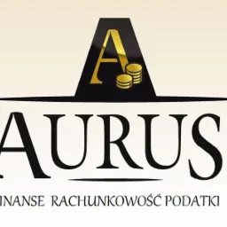 Logo firmy Aurus: czarny symbol z literą A i złotymi monetami nad nazwą, pod spodem napis 'Finanse Rachunkowość Podatki'.