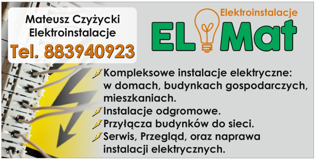 Wizytówka firmy elektroinstalacyjnej: nazwa firmy 'EL Mat', imię i nazwisko Mateusz Czyżycki, numer telefonu, wykaz usług: kompleksowe instalacje w domach, budynkach gospodarczych, mieszkaniach...