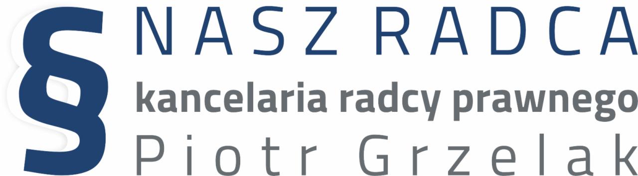Logo kancelarii prawnej z symbolem paragrafu, nazwą 'NASZ RADCA', informacją 'kancelaria radcy prawnego' i nazwiskiem 'Piotr Grzelak'.