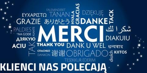 Niebieskie tło z napisem 'Klienci nas polecają' oraz słowami 'Merci', 'Danke', 'Thank You' i innymi podziękowaniami w różnych językach.