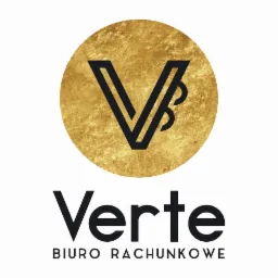 Logo firmy z czarną literą V w złotym okręgu i nazwą 'Verte' oraz dopiskiem 'Biuro Rachunkowe'