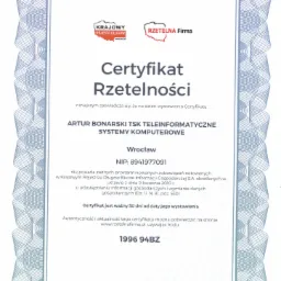Skan certyfikatu rzetelności firmy Artur Bonarski TSK Teleinformatyczne Systemy Komputerowe z Wrocławia, wydany 2019-11-06, z kodem weryfikacyjnym 1996 94BZ.