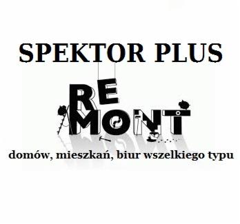 Graficzne logo firmy Spektor Plus z hasłem 'remontów domów, mieszkań, biur wszelkiego typu', stylizowane na wiszące litery i narzędzia.