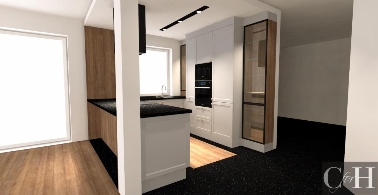 Wizualizacja nowoczesnej kuchni z białymi szafkami, czarnym blatem i drewnianymi akcentami, oświetlenie punktowe, widok na okno i zlew.
