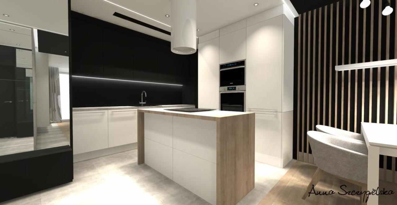Wizualizacja nowoczesnej kuchni z wyspą, czarno-białe szafki z drewnianymi akcentami, oświetlenie LED, okap cylindryczny, drewniana ściana dekoracyjna i krzesła w tle.
