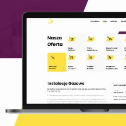 Ekran laptopa wyświetlający stronę internetową z ofertą firmy, w której znajdują się ikony i nazwy usług takie jak stacje paliwowe, myjnie bezdotykowe, stacje kontroli pojazdów, dostawy gazu...