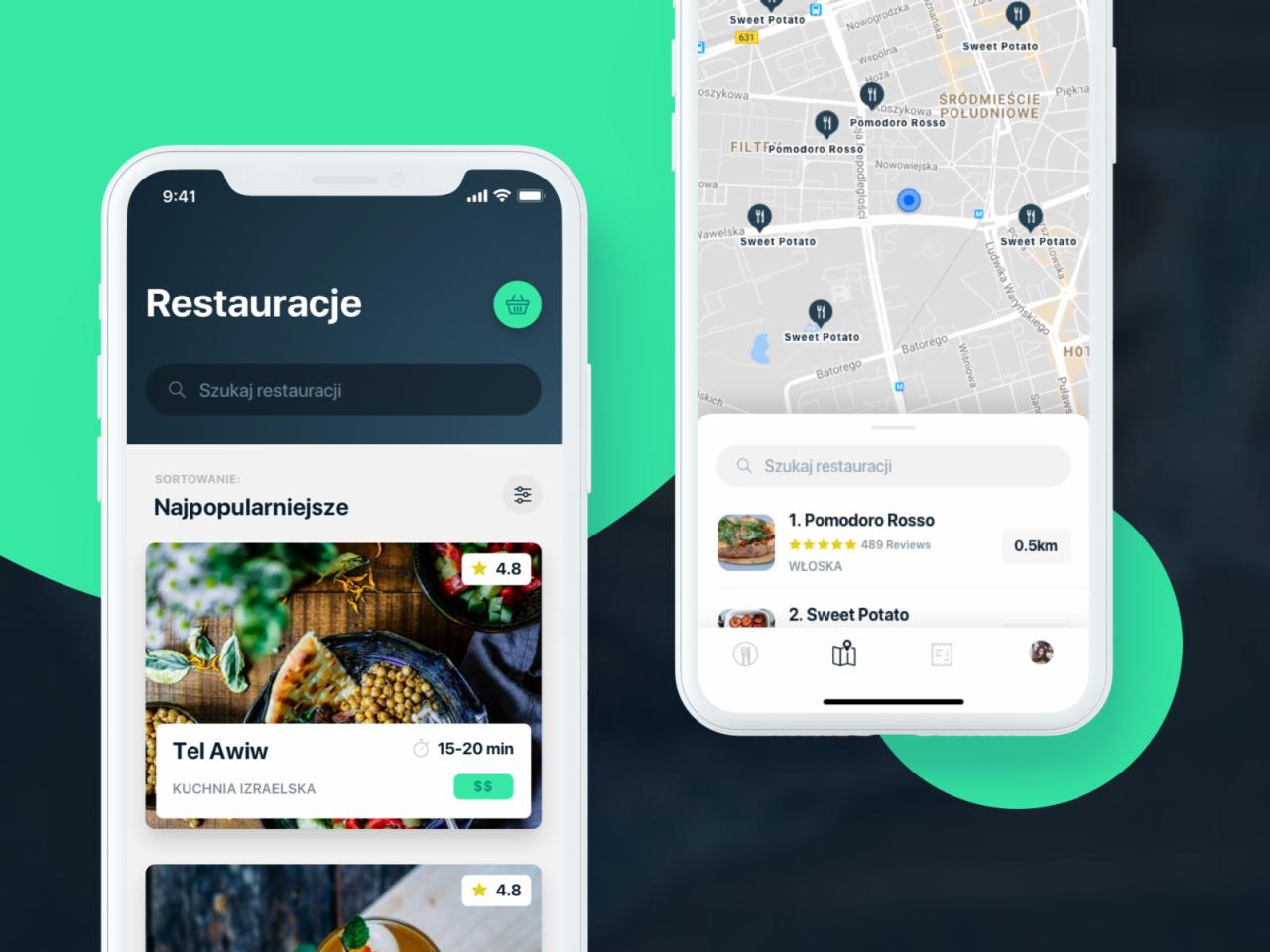 Dwa ekrany smartfonów prezentujące interfejs aplikacji do wyszukiwania restauracji. Lewy ekran pokazuje listę restauracji, z miniaturką dania i informacjami o kuchni izraelskiej. Prawy ekran...