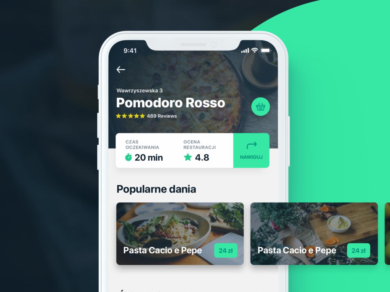 Ekran smartfona prezentujący aplikację restauracji Pomodoro Rosso z informacjami o czasie oczekiwania, ocenie i popularnych daniach jak Pasta Cacio e Pepe.