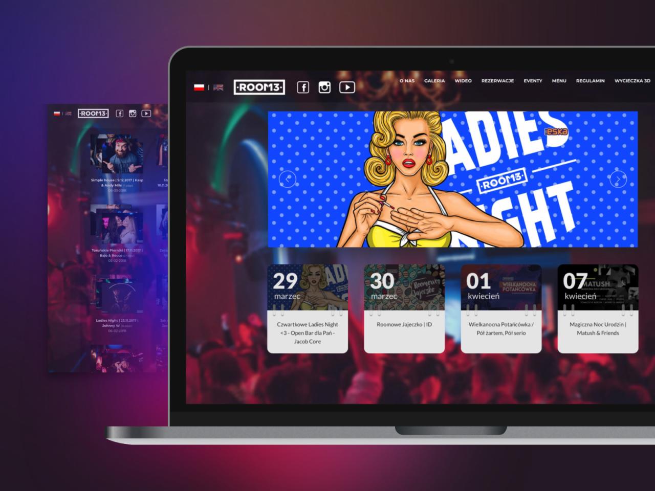 Ekran laptopa prezentujący stronę internetową klubu nocnego w Warszawie, z grafiką w stylu pop-art przedstawiającą kobietę i informacjami o nadchodzących wydarzeniach.