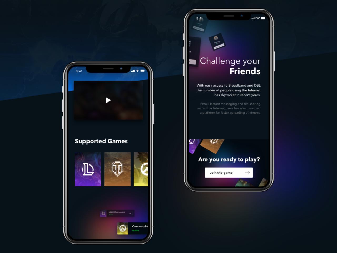 Dwa smartfony wyświetlające interfejs aplikacji do gier online. Jeden ekran prezentuje listę wspieranych gier, drugi zachęca do dołączenia do rozgrywki z przyjaciółmi.