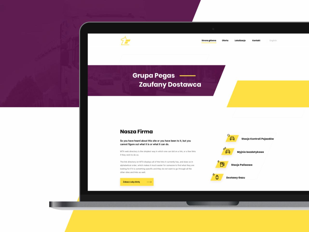 Ekran laptopa wyświetlający stronę internetową firmy Grupa Pegas, oferującej stacje kontroli pojazdów, myjnie bezdotykowe, stacje paliwowe i dostawy gazu. Strona utrzymana w kolorystyce...