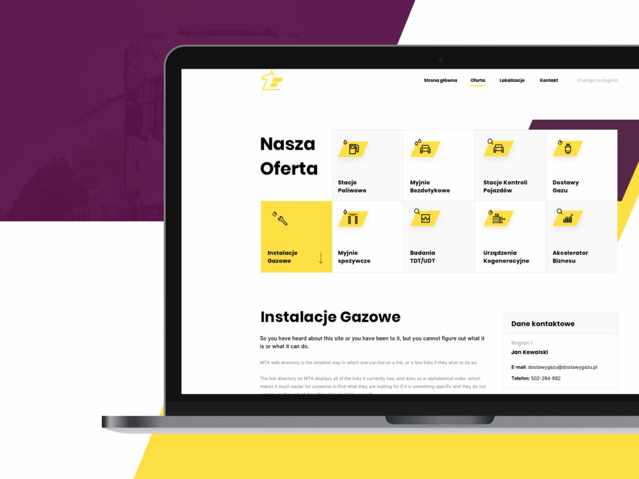 Ekran laptopa wyświetlający stronę internetową z ofertą firmy, w której znajdują się ikony i nazwy usług takie jak stacje paliwowe, myjnie bezdotykowe, stacje kontroli pojazdów, dostawy gazu...