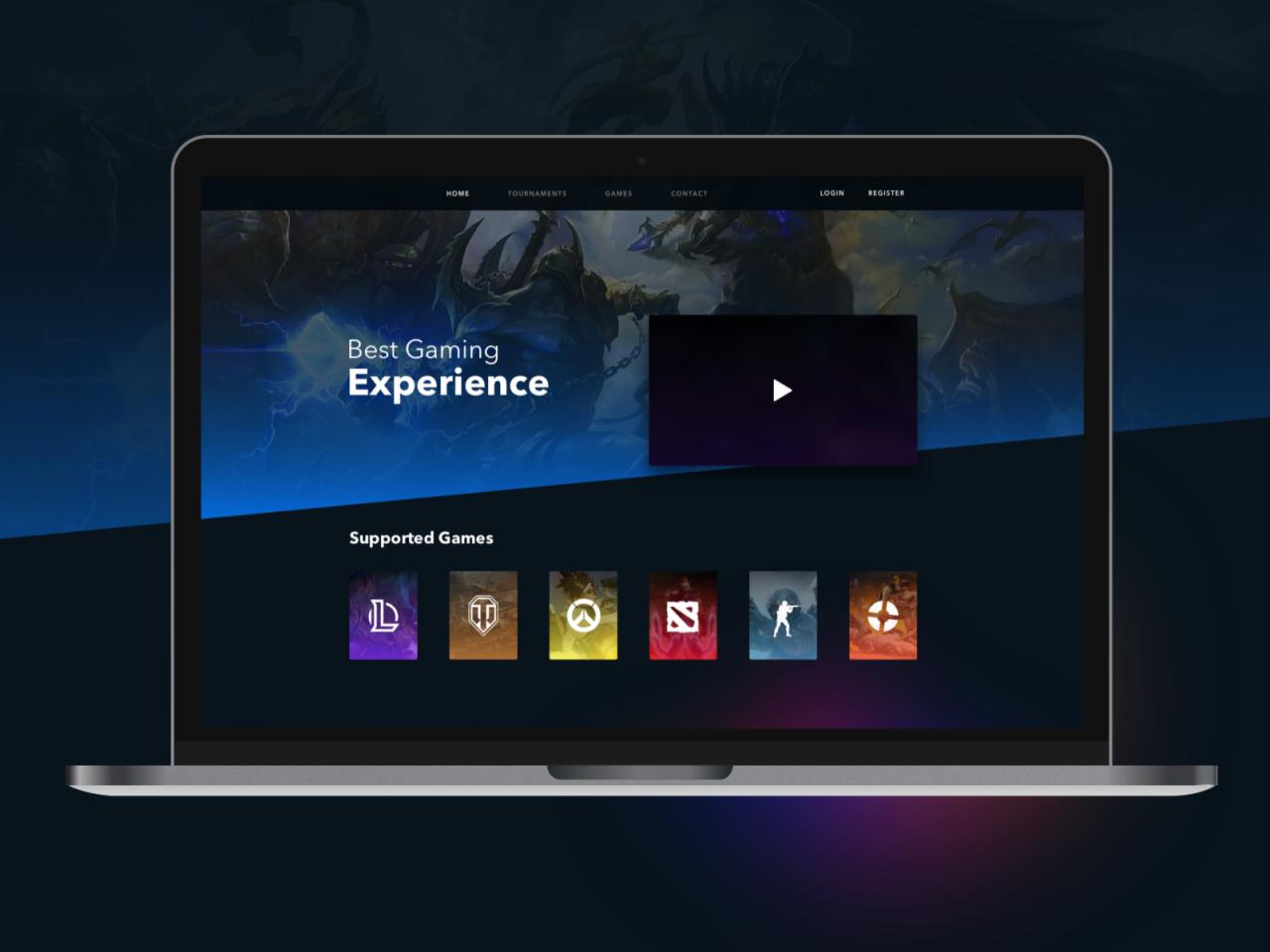 Laptop wyświetlający stronę internetową z motywem gier, z nagłówkiem 'Best Gaming Experience' i sekcją 'Supported Games' prezentującą logo gier.