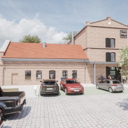 Rynkowski Design - Wizualizacja budynku usługowego 'Stary Młyn' z cegły z parkiem samochodowym i zielenią, widok z poziomu terenu.