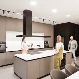 Rynkowski Design - Wizualizacja nowoczesnej kuchni z wyspą, oświetleniem punktowym i trzema postaciami: kobieta z kieliszkiem wina, kobieta w kombinezonie i mężczyzna w garniturze.