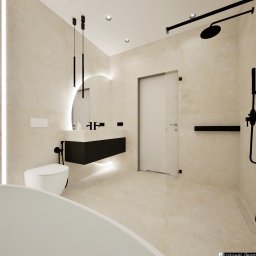 Rynkowski Design - Wizualizacja minimalistycznej łazienki z beżowymi płytkami, czarną armaturą, podświetlanym lustrem i kabiną prysznicową typu walk-in.